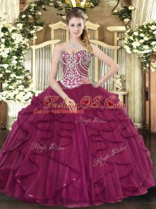 Traditional Sweetheart Sleeveless Tulle Quinceanera Dresses Beading and Ruffles Lace Up