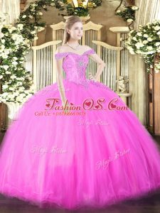 Excellent Fuchsia Off The Shoulder Neckline Beading Quinceanera Dress Sleeveless Lace Up