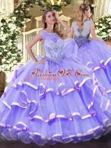 High Quality Floor Length Lavender Quinceanera Gowns Organza Sleeveless Beading and Ruffled Layers