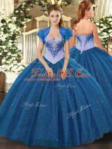Navy Blue Ball Gowns Sweetheart Sleeveless Tulle Floor Length Lace Up Beading and Sequins Sweet 16 Dresses