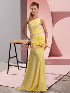 Top Selling Yellow Sleeveless Chiffon Sweep Train Lace Up Party Dress Wholesale for Prom and Party