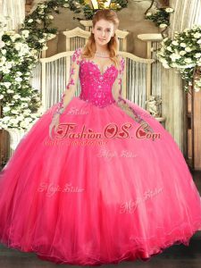 Floor Length Coral Red Quinceanera Gowns Tulle Long Sleeves Lace