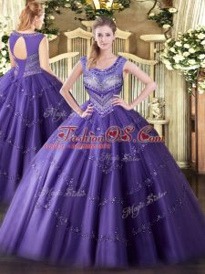Sleeveless Floor Length Beading and Appliques Lace Up 15th Birthday Dress with Purple