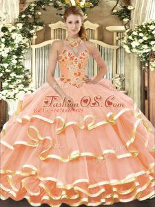 Peach Halter Top Neckline Beading and Embroidery Ball Gown Prom Dress Sleeveless Lace Up