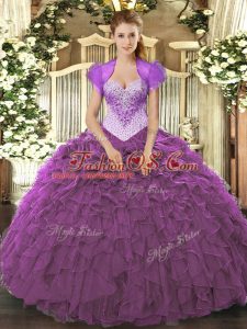 Smart Eggplant Purple Ball Gowns Beading and Ruffles Sweet 16 Dress Lace Up Organza Sleeveless Floor Length