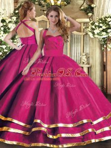 Halter Top Sleeveless Quinceanera Gown Floor Length Ruffled Layers Hot Pink Tulle