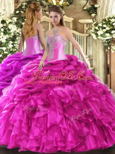 Superior Beading and Ruffles and Pick Ups Quinceanera Dress Hot Pink Lace Up Sleeveless Floor Length