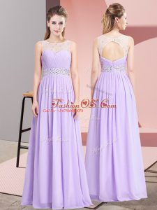 Custom Design Lavender Chiffon Lace Up Scoop Sleeveless Floor Length Prom Dress Beading