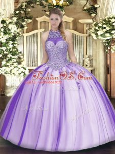Fashionable Halter Top Sleeveless Sweet 16 Quinceanera Dress Floor Length Beading and Appliques Lavender Tulle