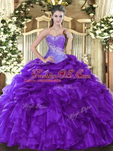 Floor Length Lace Up Sweet 16 Quinceanera Dress Purple for Military Ball and Sweet 16 and Quinceanera with Beading and Ruffles and Pick Ups