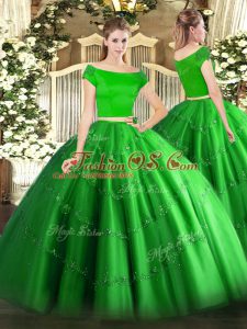 Green Zipper Off The Shoulder Appliques 15 Quinceanera Dress Tulle Short Sleeves