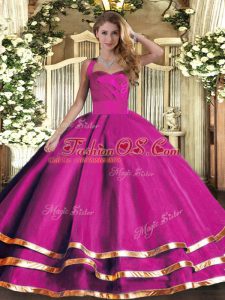 Admirable Fuchsia Quince Ball Gowns Military Ball and Sweet 16 and Quinceanera with Ruffled Layers Halter Top Sleeveless Lace Up