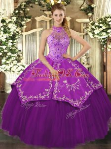 Eggplant Purple Lace Up Quinceanera Gowns Beading and Embroidery Sleeveless Floor Length