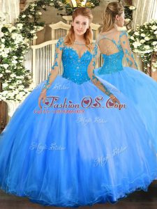 Baby Blue Ball Gowns Tulle Scoop Long Sleeves Lace Floor Length Lace Up Quince Ball Gowns