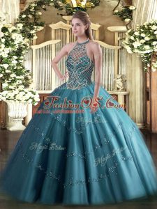 Free and Easy Floor Length Lace Up Quinceanera Dress Teal for Sweet 16 and Quinceanera with Beading