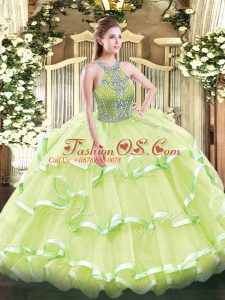 Sumptuous Yellow Green Sleeveless Beading and Ruffled Layers Floor Length Quinceanera Dress