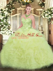 Sleeveless Organza Floor Length Lace Up Vestidos de Quinceanera in Yellow Green with Appliques and Ruffles