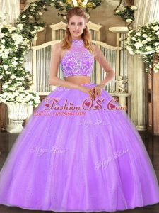 Halter Top Sleeveless Sweet 16 Quinceanera Dress Floor Length Beading Lilac Tulle