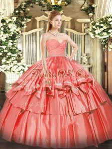 Vintage Watermelon Red Ball Gowns Organza Sweetheart Sleeveless Beading and Lace and Ruffled Layers Floor Length Zipper 15 Quinceanera Dress