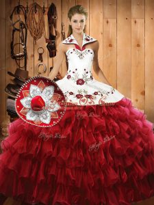 Custom Fit Wine Red Organza Lace Up Halter Top Sleeveless Floor Length 15 Quinceanera Dress Embroidery and Ruffled Layers