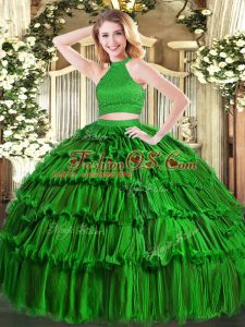 Custom Designed Green Ball Gowns Halter Top Sleeveless Organza Floor Length Backless Beading and Ruffled Layers Sweet 16 Dress