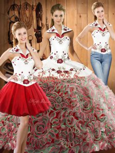 Multi-color Halter Top Neckline Embroidery Sweet 16 Quinceanera Dress Sleeveless Lace Up