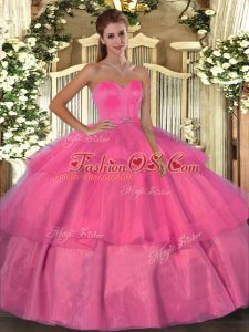 Beading and Ruffled Layers 15 Quinceanera Dress Hot Pink Lace Up Sleeveless Floor Length