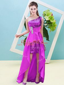 Sleeveless Elastic Woven Satin and Sequined High Low Lace Up Homecoming Dress in Fuchsia with Beading and Sequins