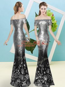 Short Sleeves Sequined Floor Length Zipper Evening Dress in Silver with Sequins