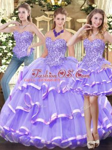 Lavender Organza Zipper Sweet 16 Dress Sleeveless Floor Length Appliques and Ruffled Layers