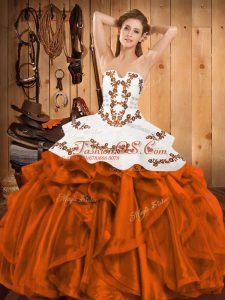 Stylish Orange Red Ball Gowns Strapless Sleeveless Satin and Organza Floor Length Lace Up Embroidery and Ruffles Quinceanera Gowns