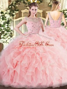 Romantic Baby Pink Ball Gowns Tulle Bateau Sleeveless Beading and Ruffles Floor Length Zipper Vestidos de Quinceanera