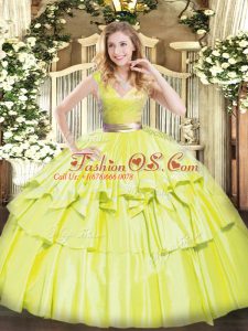 Floor Length Ball Gowns Sleeveless Yellow Green 15 Quinceanera Dress Zipper