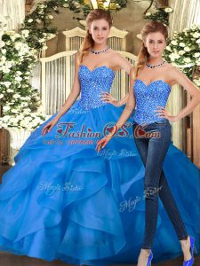 Inexpensive Blue Sleeveless Beading and Ruffles Floor Length Sweet 16 Dresses