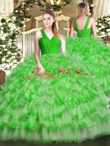 Ideal Green Zipper V-neck Ruffled Layers Quinceanera Dresses Organza Sleeveless