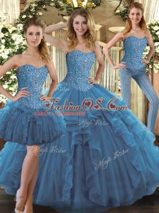 Classical Teal Ball Gowns Sweetheart Sleeveless Tulle Floor Length Lace Up Beading and Ruffles Sweet 16 Dress