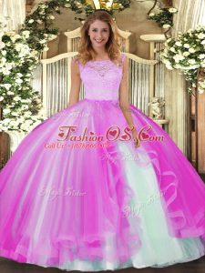 Glittering Fuchsia Scoop Clasp Handle Lace and Ruffles Quinceanera Gown Sleeveless
