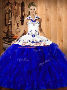 Blue And White Sleeveless Satin and Organza Lace Up Quince Ball Gowns for Military Ball and Sweet 16 and Quinceanera