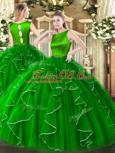 Exquisite Green Ball Gowns Ruffles Quince Ball Gowns Clasp Handle Organza Sleeveless Floor Length