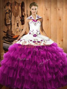 Fuchsia Sleeveless Satin and Organza Lace Up Sweet 16 Quinceanera Dress for Military Ball and Sweet 16 and Quinceanera