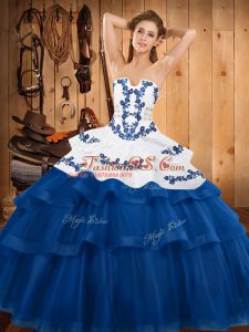 Traditional Strapless Sleeveless Sweep Train Lace Up Quinceanera Dress Blue Tulle