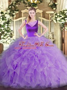 Scoop Sleeveless Quince Ball Gowns Floor Length Beading and Ruffles Lavender Organza