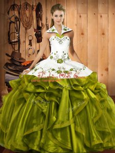 Customized Floor Length Olive Green Quince Ball Gowns Satin and Organza Sleeveless Embroidery and Ruffles