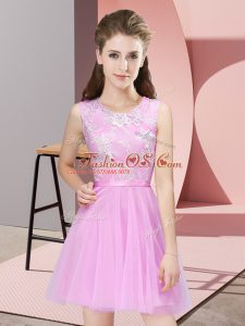 High End Rose Pink A-line Tulle Scoop Sleeveless Lace Mini Length Side Zipper Quinceanera Court Dresses