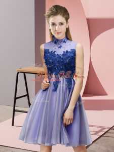 Lavender Empire Tulle High-neck Sleeveless Appliques Knee Length Lace Up Wedding Guest Dresses