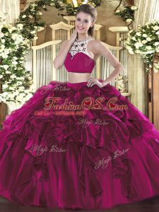 Two Pieces Quince Ball Gowns Fuchsia High-neck Tulle Sleeveless Floor Length Backless
