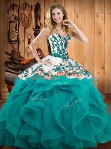 Embroidery and Ruffles Quince Ball Gowns Teal Lace Up Sleeveless Floor Length