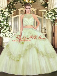Custom Design Yellow Green Two Pieces Beading and Appliques Quinceanera Dresses Zipper Tulle Sleeveless Floor Length