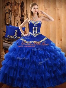 Blue Strapless Neckline Embroidery and Ruffled Layers Quince Ball Gowns Sleeveless Lace Up