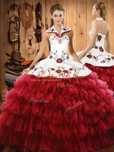 Satin and Organza Sleeveless Floor Length Quinceanera Gown and Embroidery and Ruffled Layers